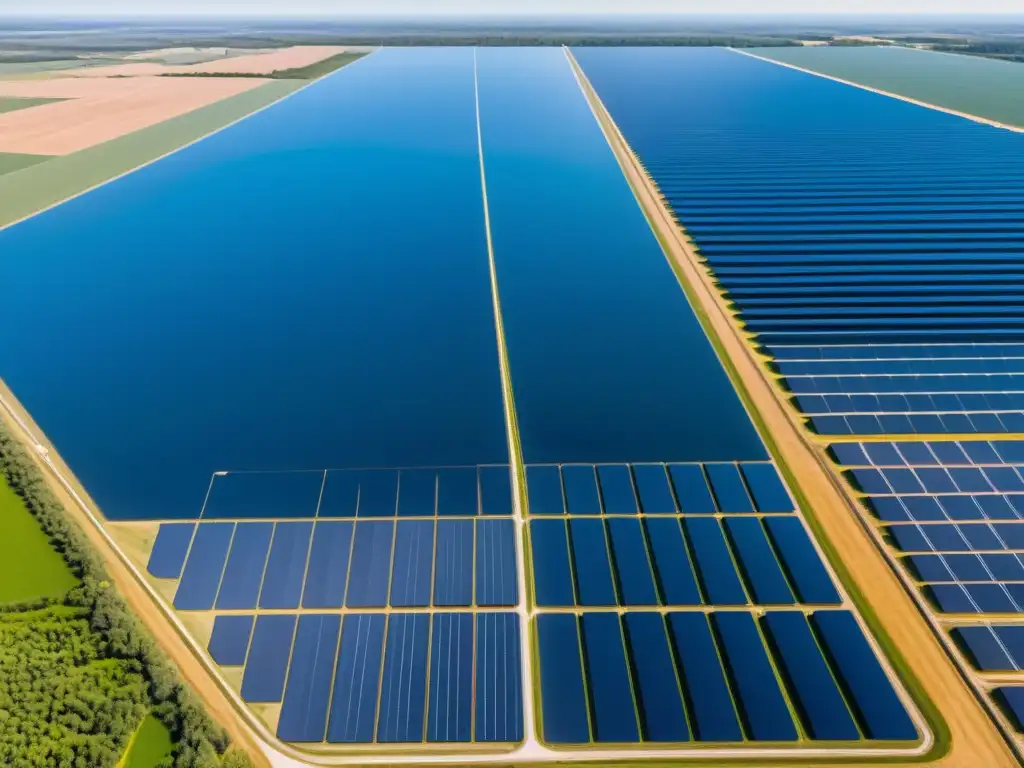 Vista aérea impresionante de una granja solar con paneles solares en filas bajo el cielo azul