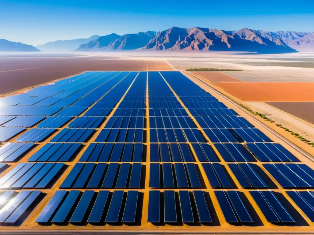 Vista aérea impresionante de granja solar en desierto, paneles relucientes bajo cielo azul y montañas al fondo