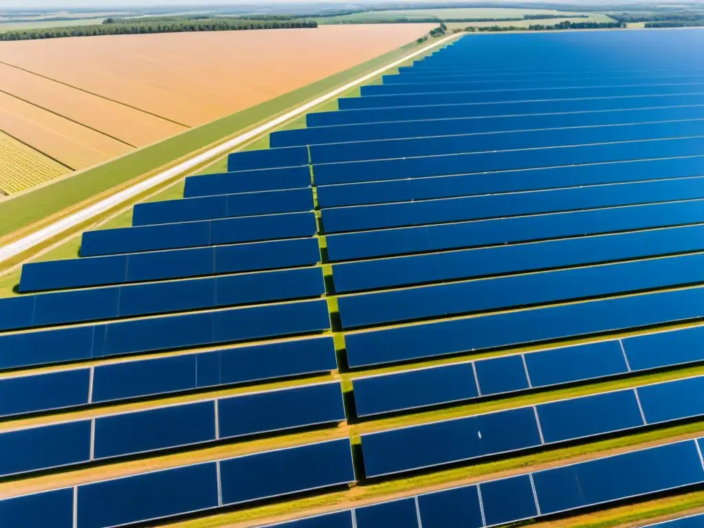 Vista aérea impresionante de granja solar con paneles relucientes en contraste con el paisaje natural, fomentando leyes de energías renovables