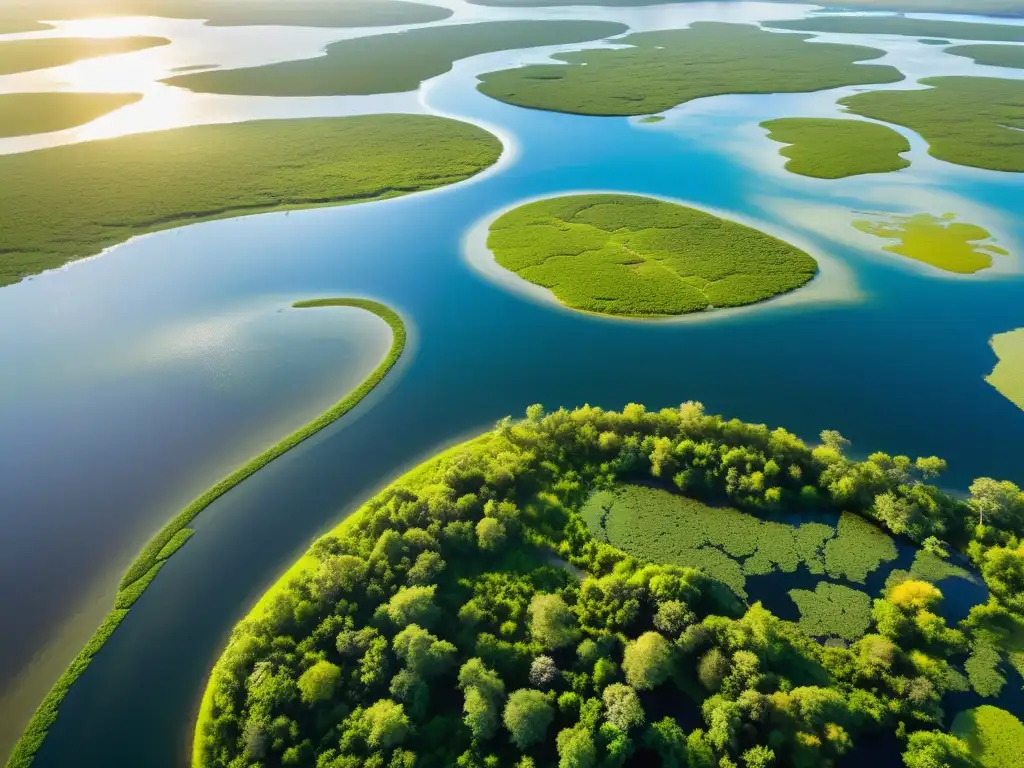 Vista aérea impresionante de humedales con exuberante vegetación, aves y agua brillante