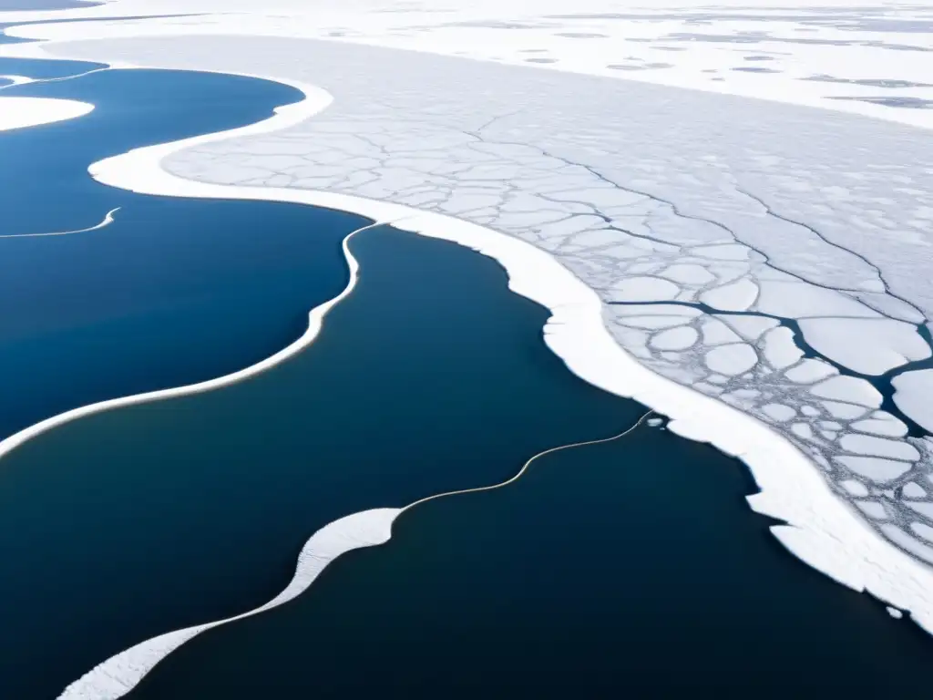 Vista aérea impresionante de humedales árticos con hielo y nieve, mostrando la importancia de la conservación del ciclo del agua