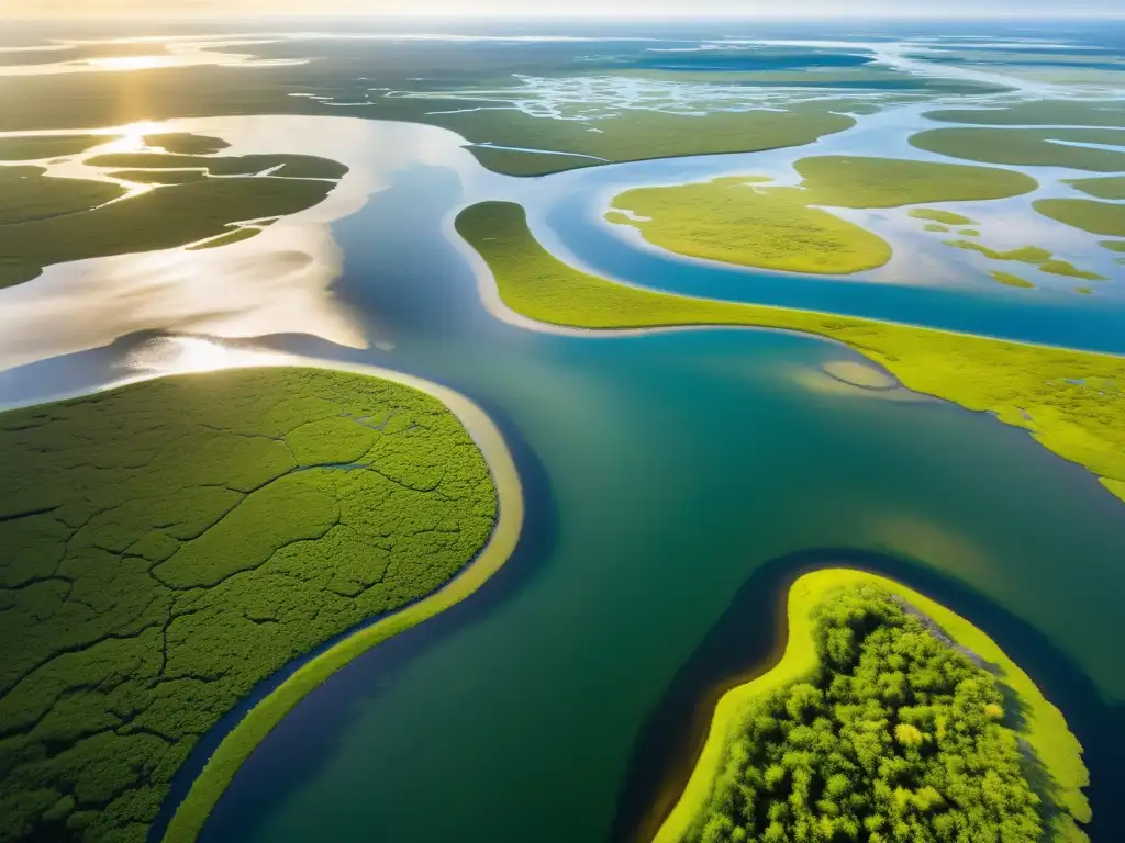 Vista aérea impresionante de humedales vastos, con diversa flora y fauna