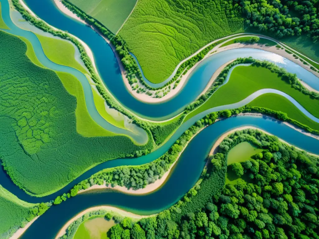 Vista aérea impresionante del impacto de ríos y lagos en geografía, con río serpenteando en valle verde exuberante