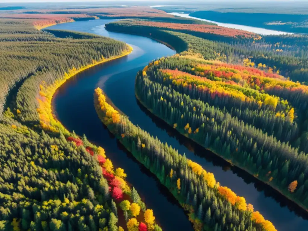 Vista aérea impresionante de la inmensa taiga, con río serpenteante y exuberante vegetación