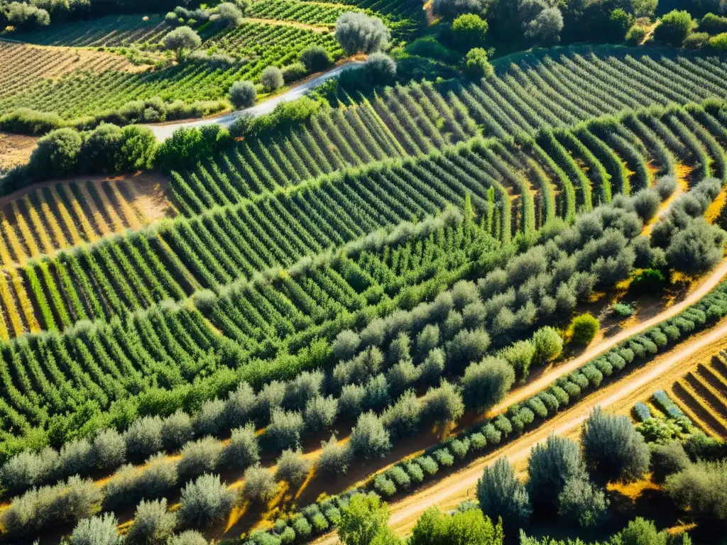 Vista aérea impresionante de interacciones entre agricultura y ecosistemas nativos, con olivares y vegetación nativa en armonía