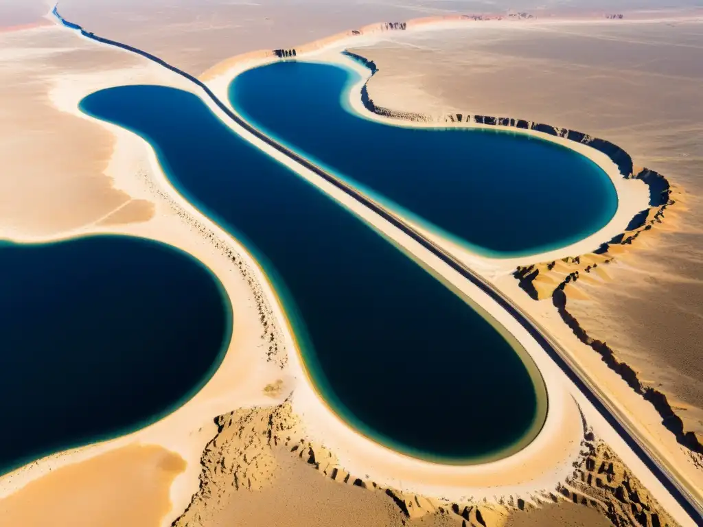 Vista aérea impresionante de un intrincado sistema de acueductos y embalses en un paisaje desértico