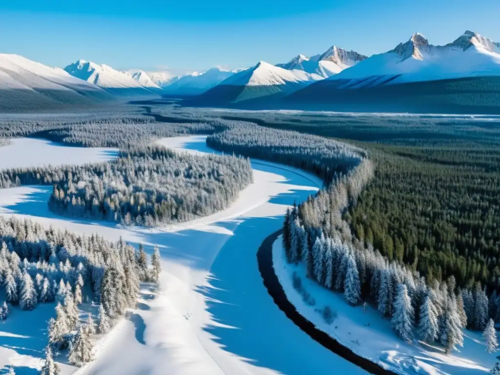 Vista aérea impresionante de la taiga invernal, resaltando la necesidad de conservación de la taiga en parques naturales