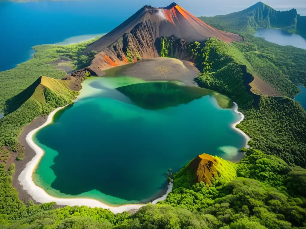 Vista aérea impresionante de un lago volcánico rodeado de exuberante vegetación y picos cubiertos de neblina