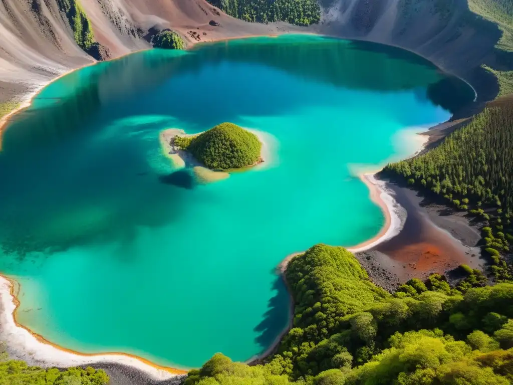 Vista aérea impresionante de lago volcánico, ecosistema biológico con aguas turquesas y bosque exuberante, rodeado de montañas rocosas y picos nevados