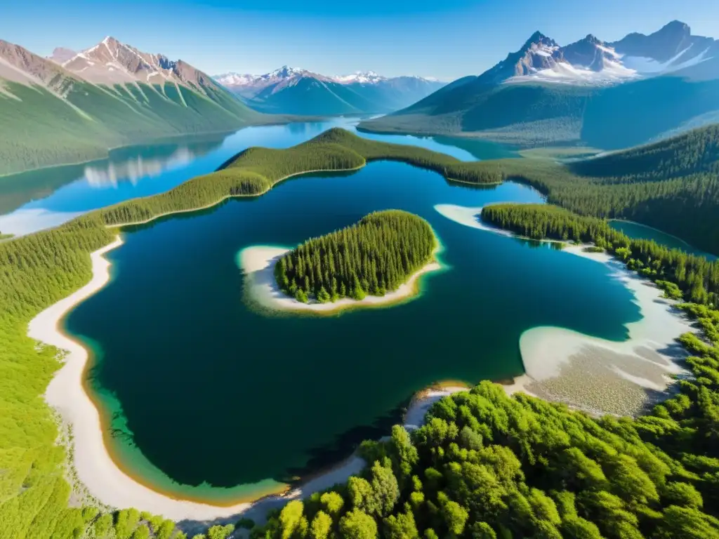 Vista aérea impresionante de un lago de agua cristalina rodeado de exuberante vegetación y montañas nevadas al fondo