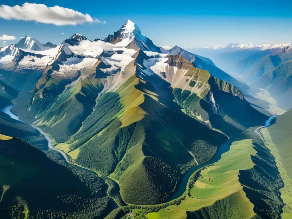 Vista aérea impresionante de una majestuosa cordillera, con picos nevados que se alzan hacia el cielo