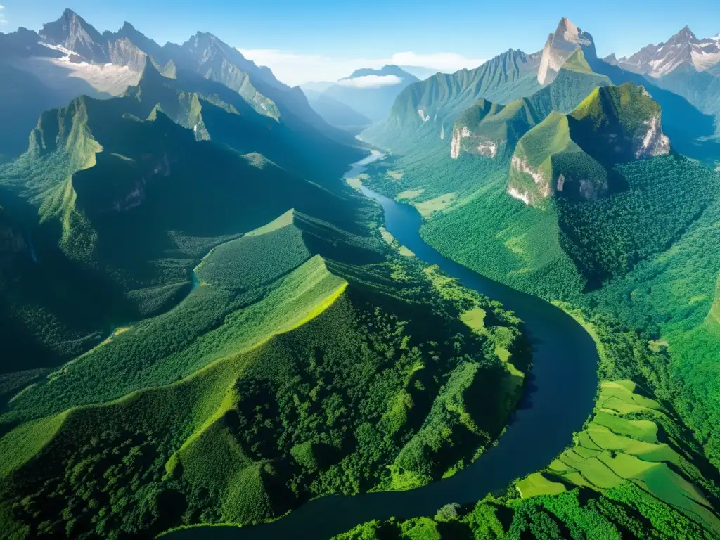 Vista aérea impresionante de montañas, ríos y cascadas, resaltando la importancia de zonas protegidas para la biodiversidad de las montañas