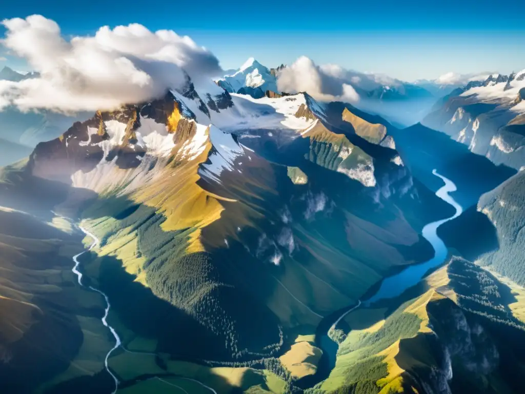 Vista aérea impresionante de montañas nevadas, río serpenteante y nubes en picos