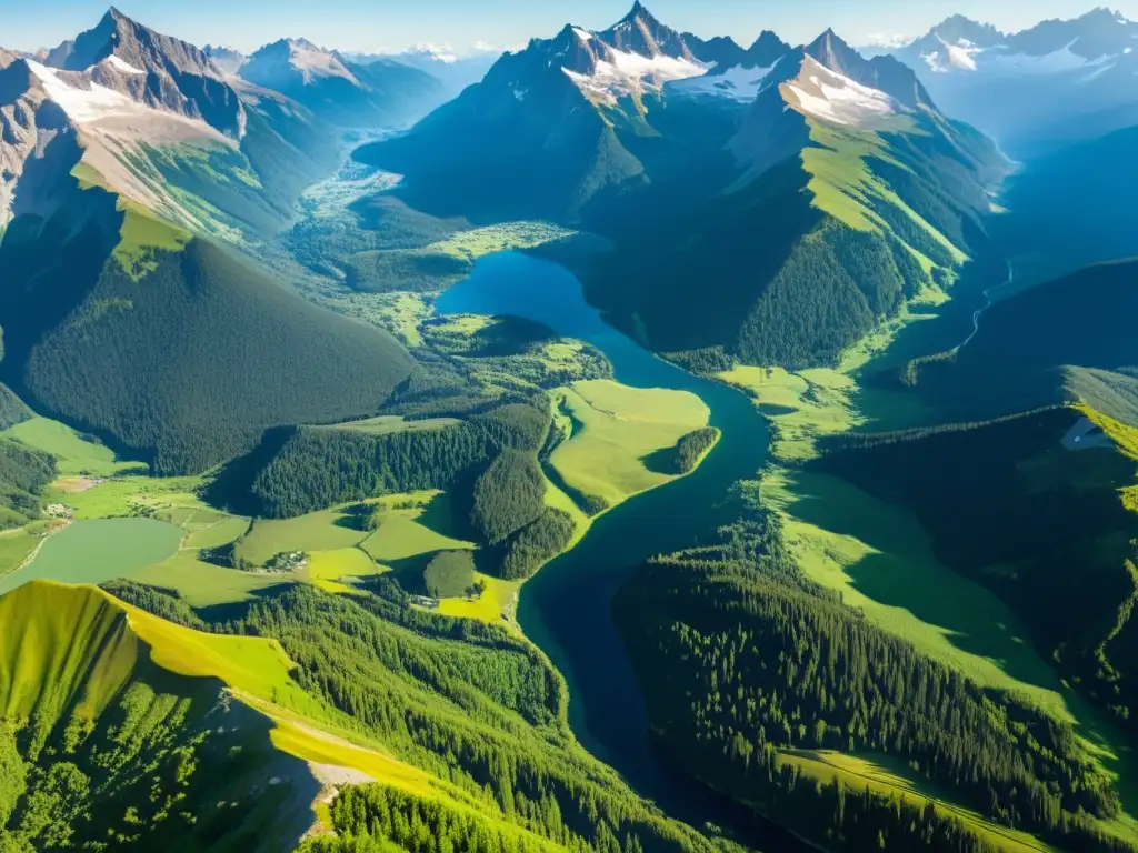 Vista aérea impresionante de paisaje montañoso con lagos alpinos cristalinos y valles verdes