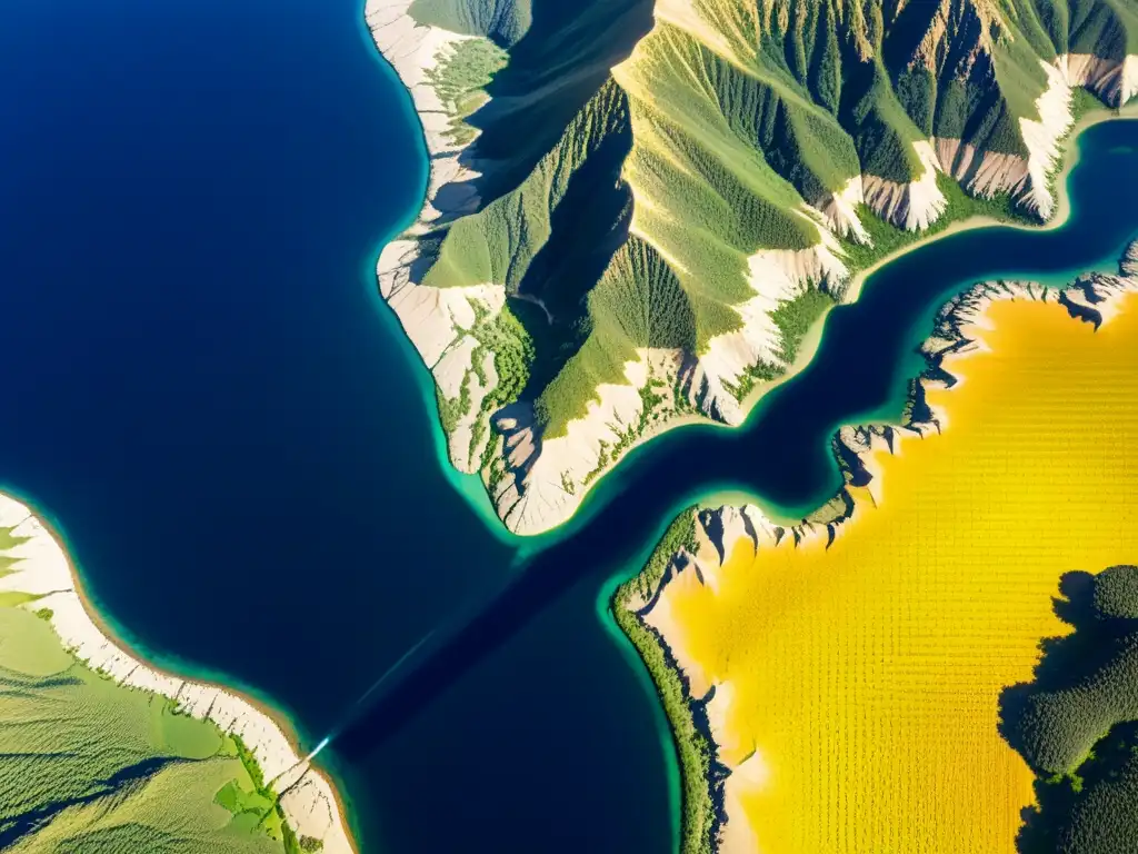 Vista aérea impresionante de paisaje diverso con potencial para energía renovable en agua y sol