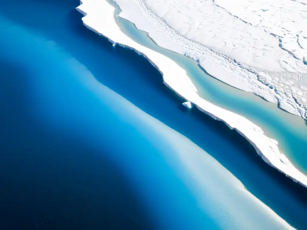 Vista aérea impresionante del paisaje helado de Groenlandia, con glaciares, hielo azul y un oso polar, mostrando la aventura sostenible en el Ártico