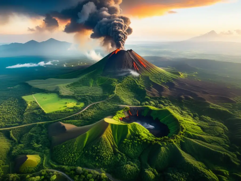 Vista aérea impresionante de un paisaje exuberante con un volcán activo y senderos de Rutas ecoturísticas volcanes vivos