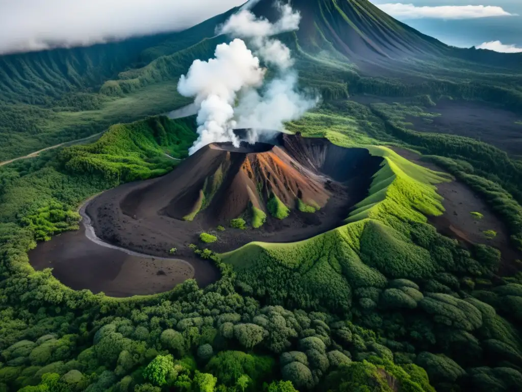 Vista aérea impresionante de un paisaje volcánico, con vegetación exuberante en contraste con el terreno oscuro y agreste