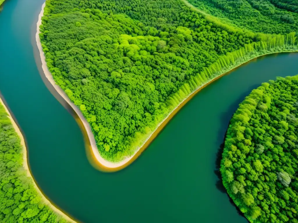 Vista aérea impresionante de paisaje exuberante con río serpenteante