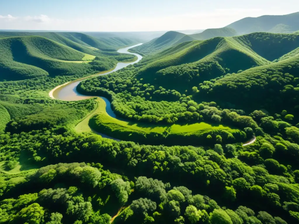 Vista aérea impresionante de un paisaje exuberante y verde con técnicas de restauración para control de erosión en acción