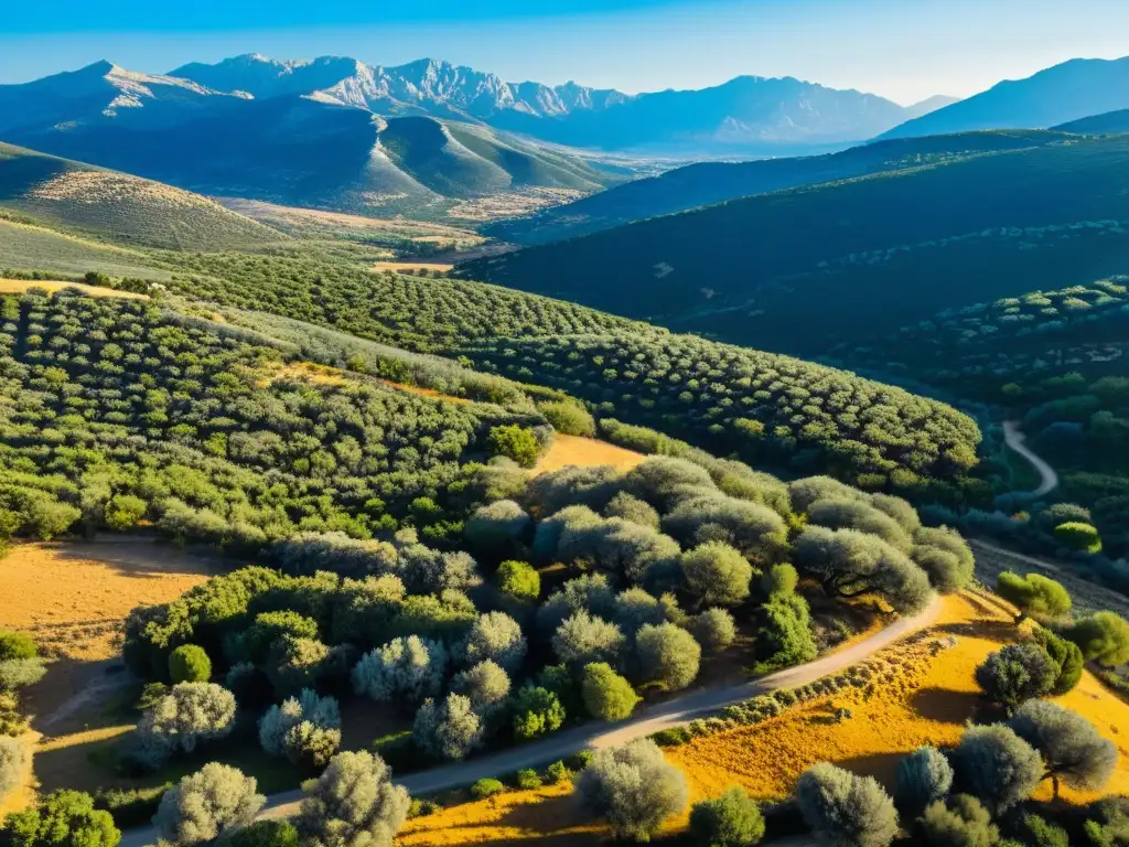 Vista aérea impresionante del paisaje mediterráneo con olivos centenarios