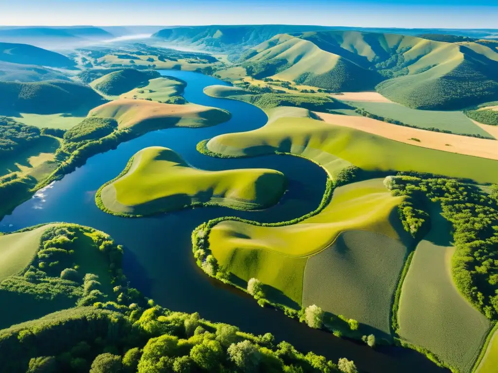 Vista aérea impresionante de paisaje natural, con colinas, ríos, bosques y flores silvestres