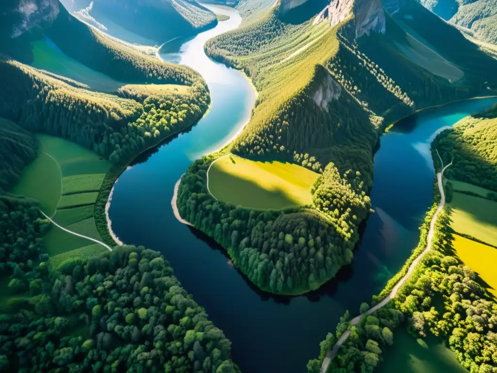 Vista aérea impresionante de un paisaje natural diverso con ríos, bosques y montañas, comunicando la ciencia de paisajes naturales