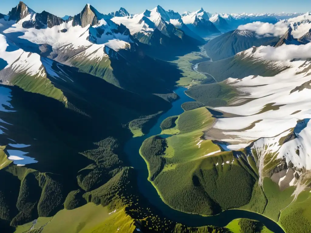 Una vista aérea impresionante de un paisaje alpino, con picos nevados, valles profundos y ríos serpenteando