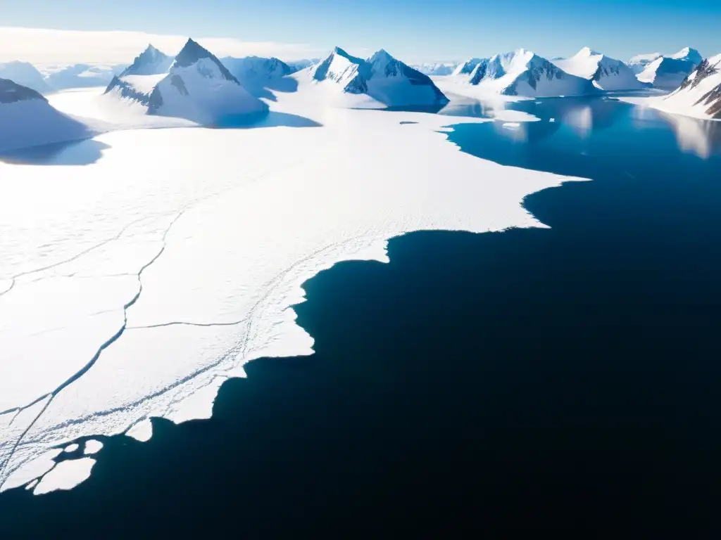 Vista aérea impresionante de un paisaje polar expansivo con montañas nevadas, glaciares helados y un lago congelado