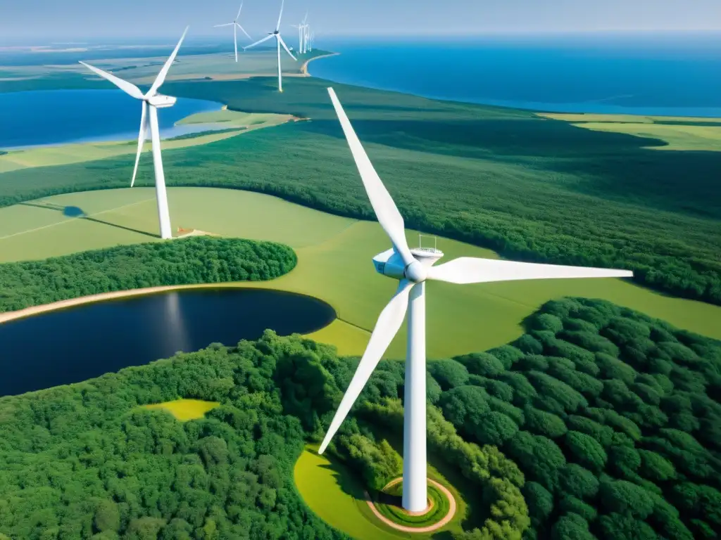 Vista aérea impresionante de un parque eólico integrado en diversos ecosistemas, destacando la armonía de la energía eólica en la naturaleza