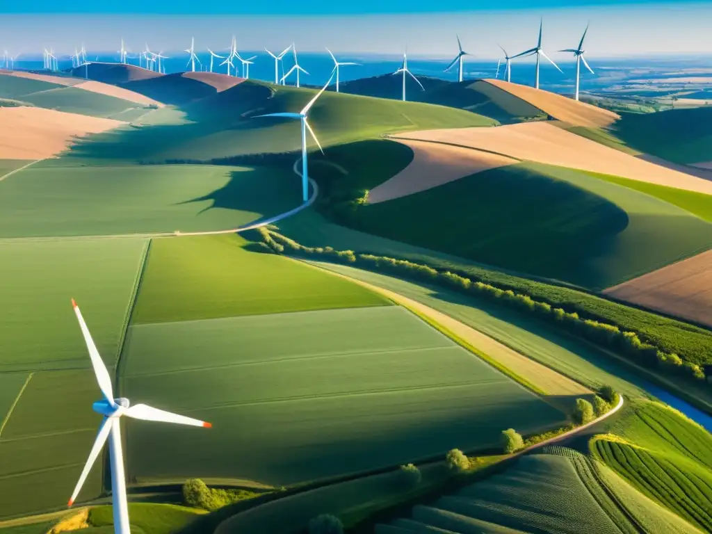 Vista aérea impresionante de un parque eólico en colinas, con turbinas en movimiento, generando energía eólica en ecosistemas diversos