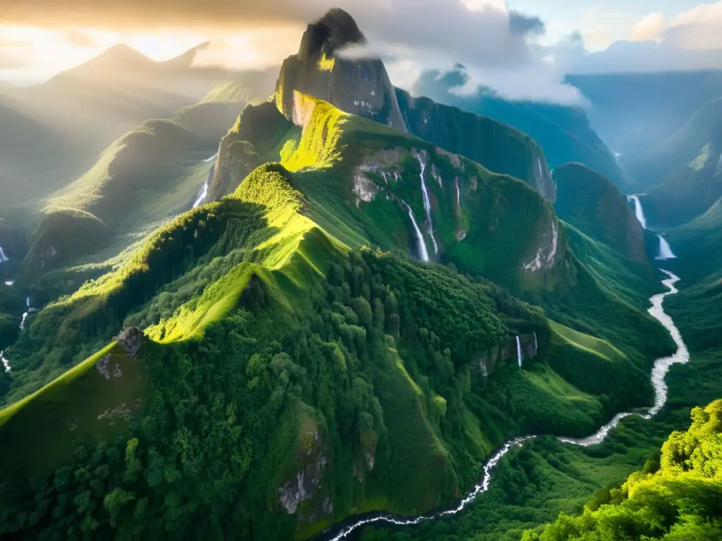 Vista aérea impresionante de parques nacionales, ecosistemas de montaña y biodiversidad en su máximo esplendor, con cascadas y nubes abrazando picos