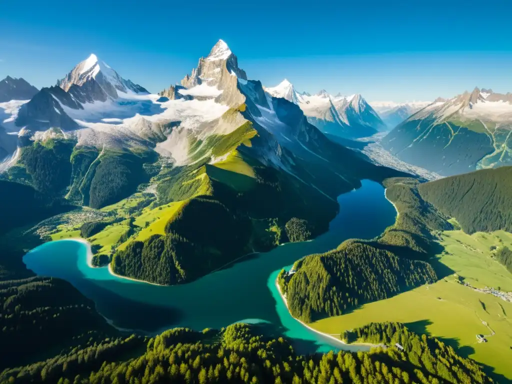 Vista aérea impresionante de los picos nevados de los Alpes, biodiversidad y ecoturismo en el majestuoso paisaje alpino