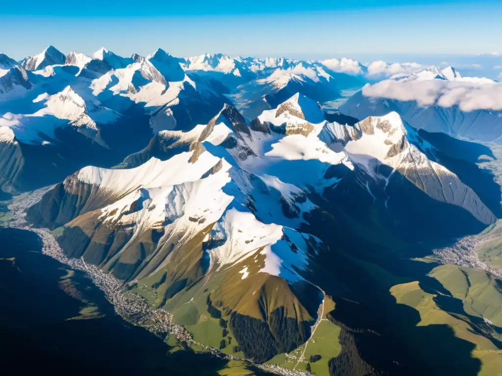 Vista aérea impresionante de los picos nevados de los Alpes, con sombras alargadas por la luz del sol sobre el terreno montañoso