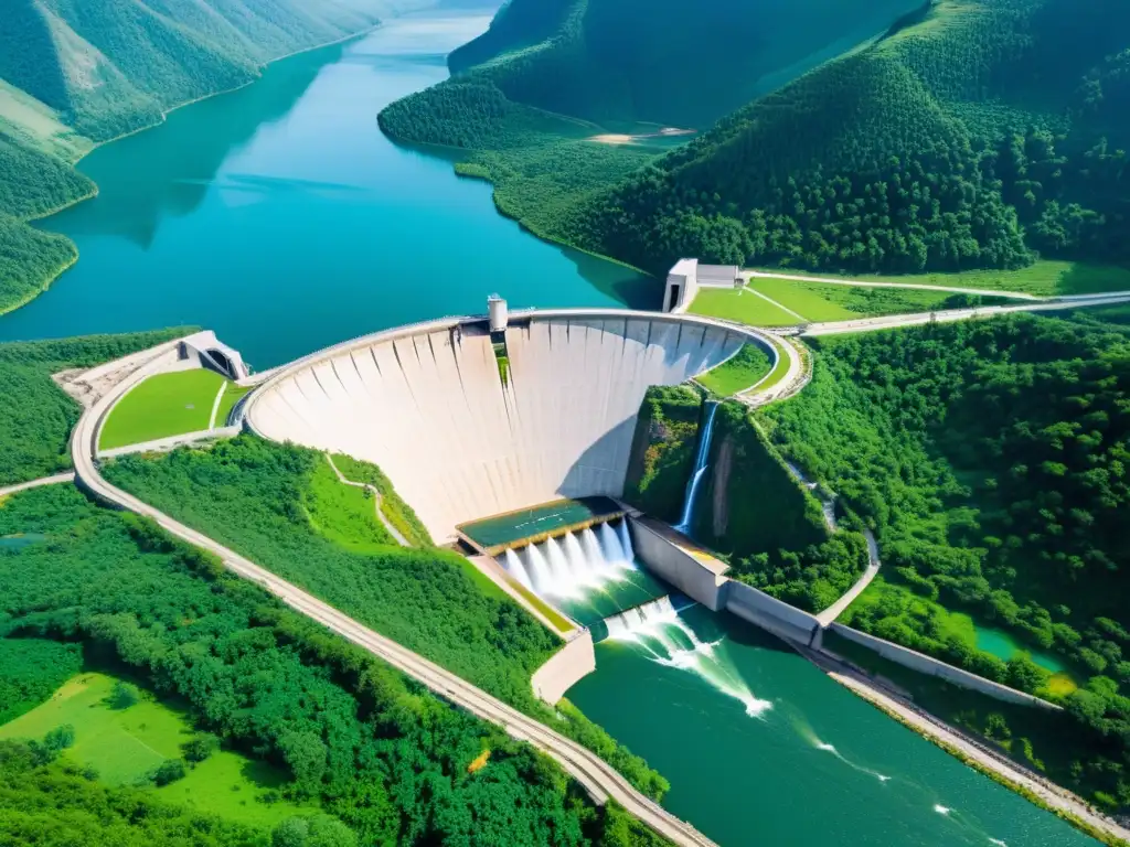 Vista aérea impresionante de una presa hidroeléctrica en un valle exuberante