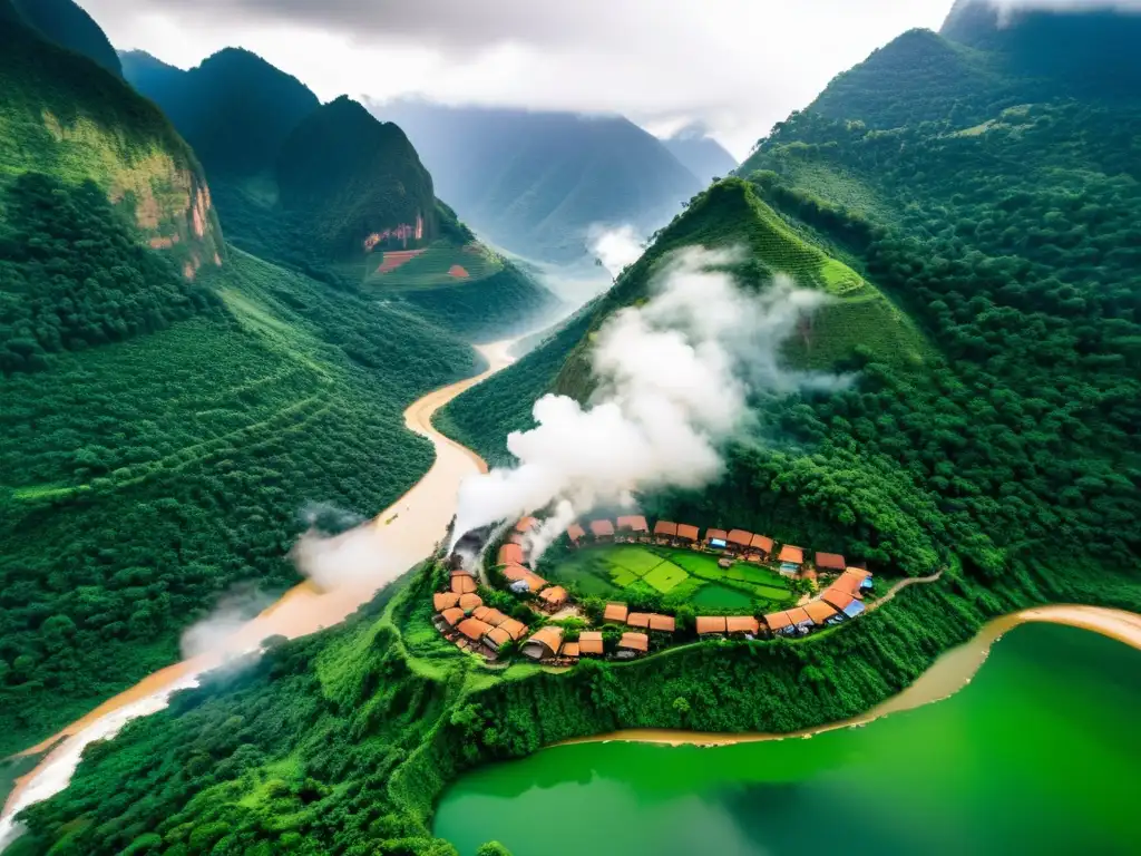 Vista aérea impresionante de un pueblo indígena en las montañas, en armonía con el ecosistema montañoso