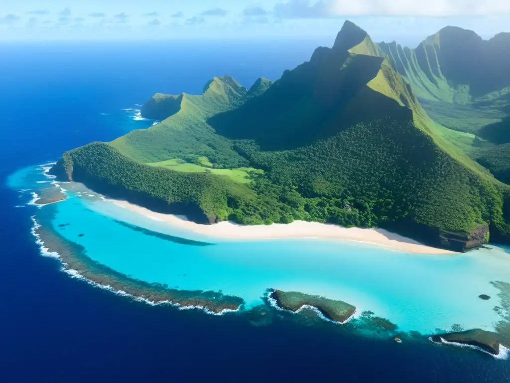 Vista aérea impresionante de las remotas Islas Pitcairn, mostrando su belleza natural y legado ecológico en paisajes intocados