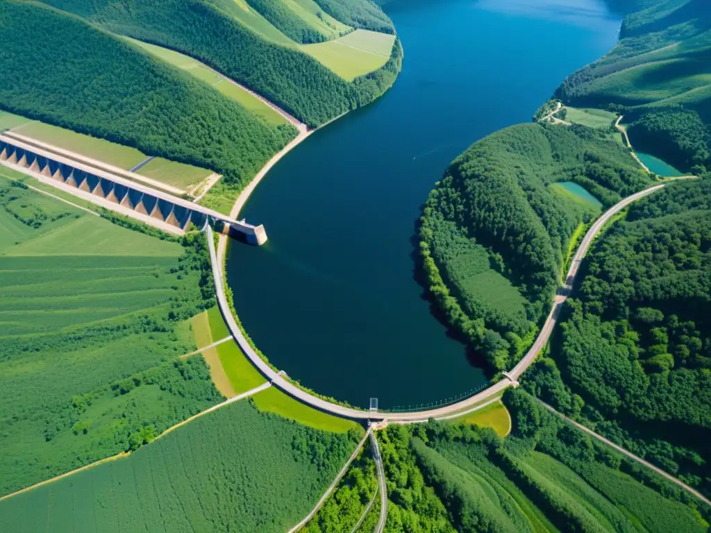 Vista aérea impresionante de una represa hidroeléctrica en un valle verde