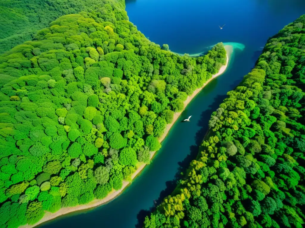 Vista aérea impresionante de una reserva natural exuberante, con diversidad de flora y fauna, ríos sinuosos y colinas onduladas