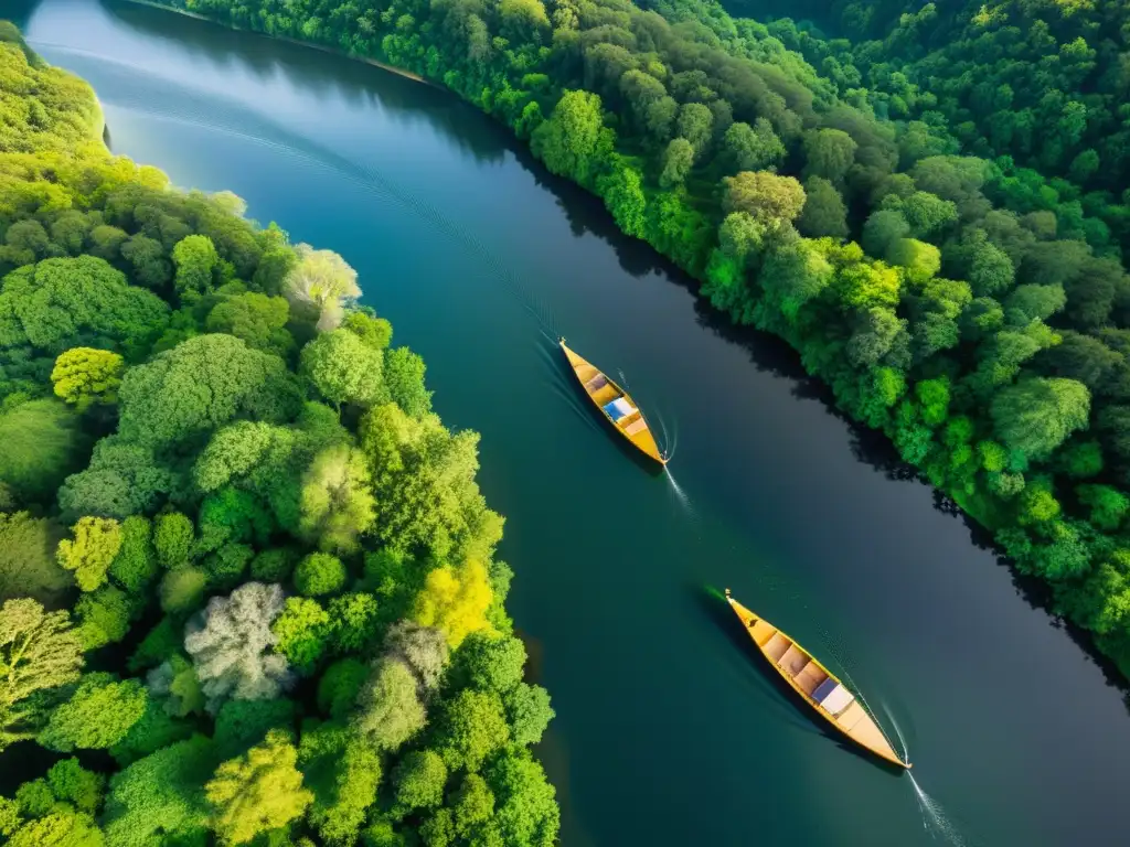 Vista aérea impresionante de un río serpenteante en medio de exuberantes bosques verdes, con pequeñas embarcaciones diseminadas en la orilla