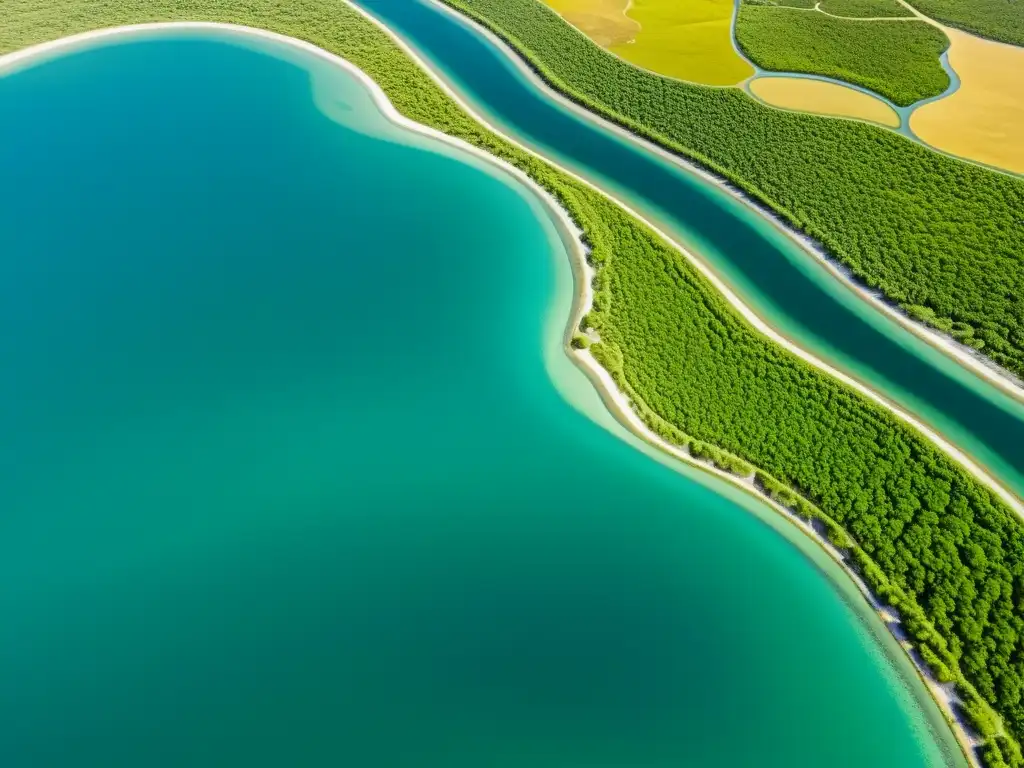 Vista aérea impresionante de los ríos y humedales del Mediterráneo en el Delta del Ebro, con aguas turquesas, marismas verdes y vida silvestre diversa