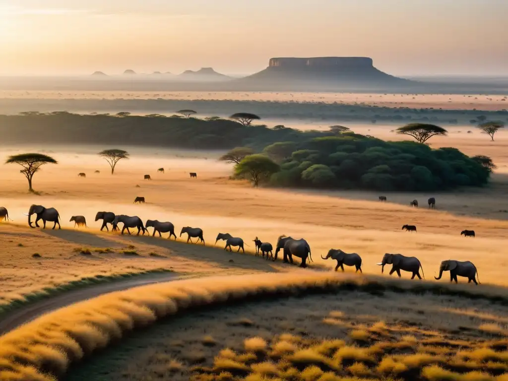 Vista aérea impresionante de la sabana africana al amanecer, con vida silvestre diversa