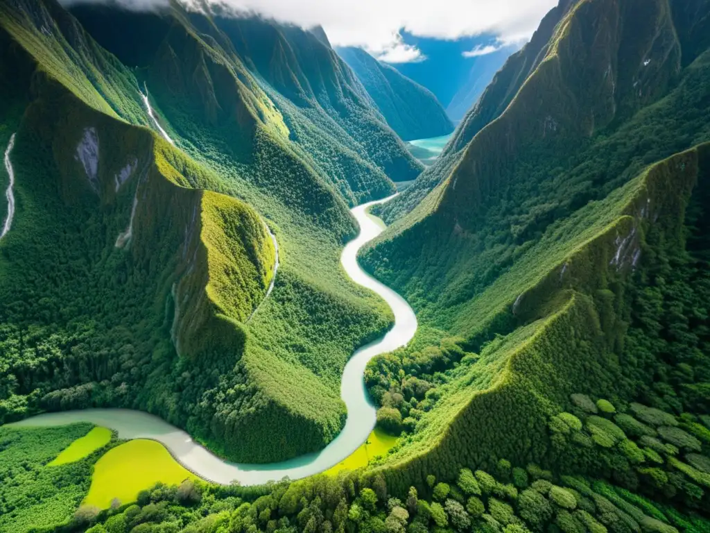 Vista aérea impresionante del sendero ecológico del Milford Track en Nueva Zelanda, con exuberante vegetación y río cristalino