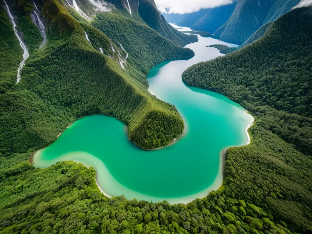 Vista aérea impresionante del sendero ecológico Milford Track en Nueva Zelanda