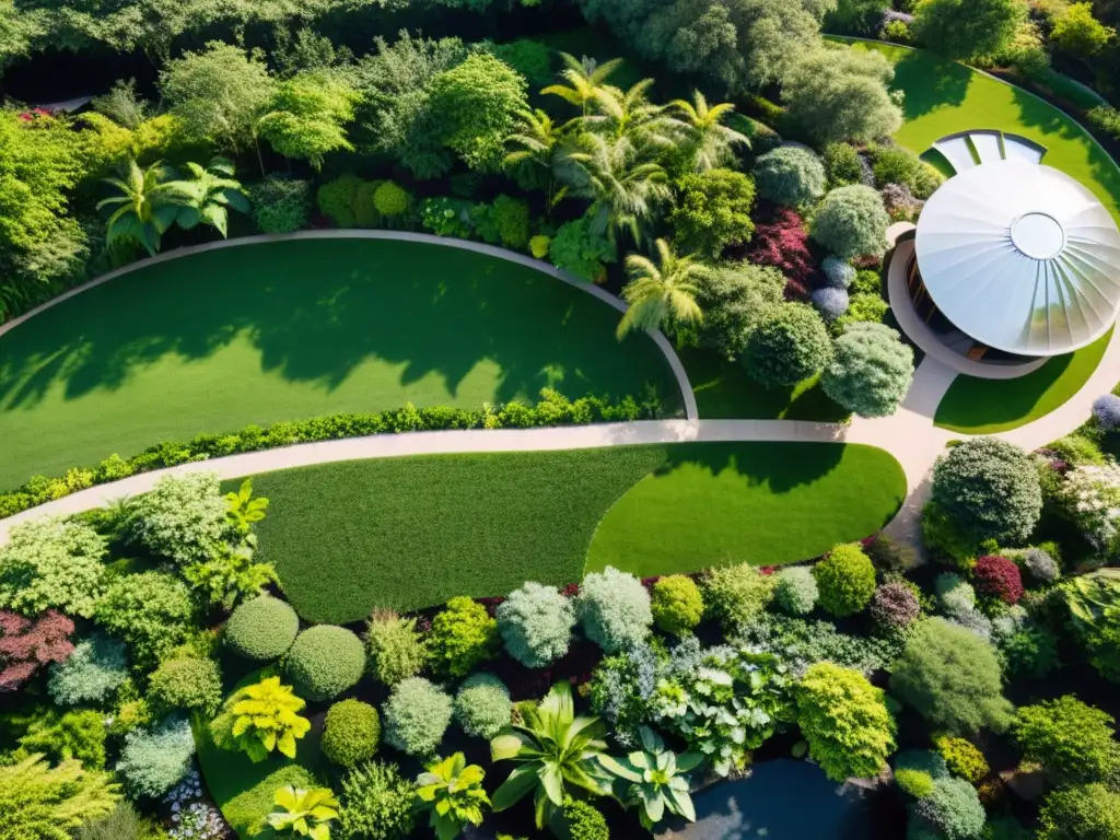 Vista aérea impresionante de un jardín sostenible con senderos serpenteantes y una diversidad de plantas