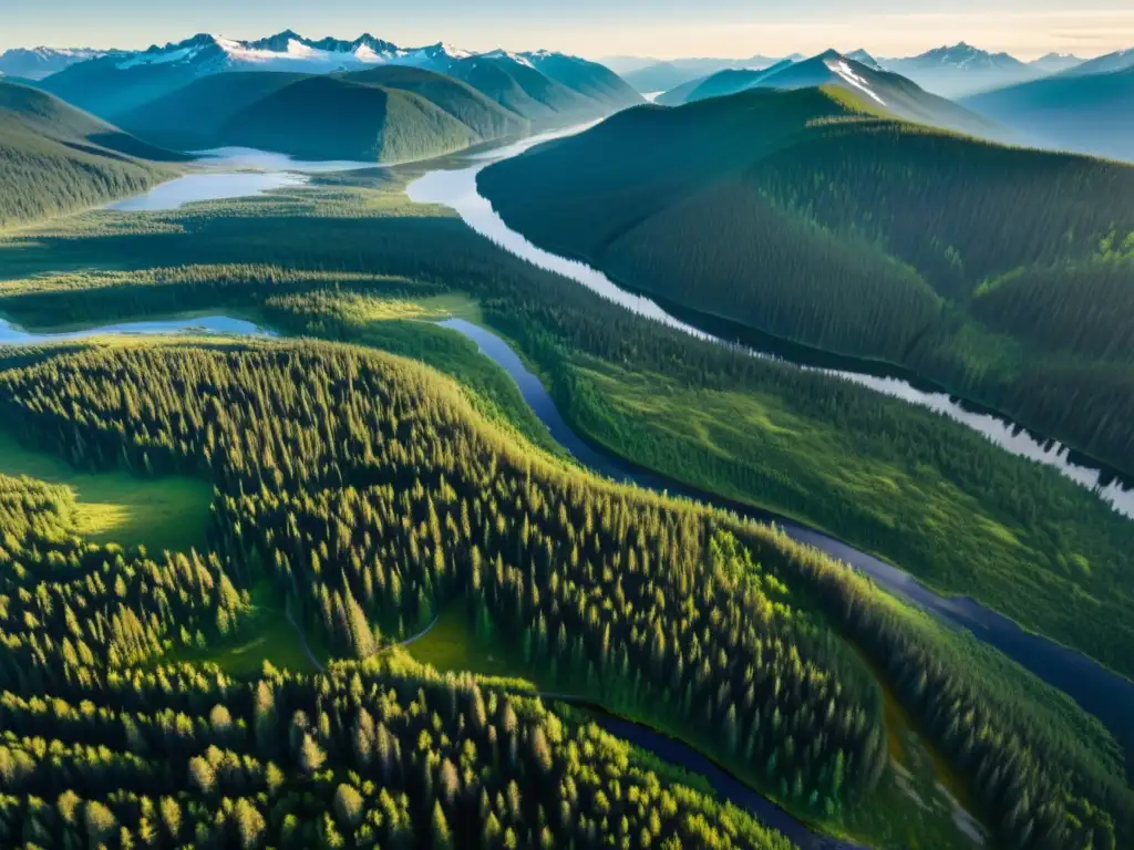 Vista aérea impresionante de la taiga, con bosques densos y picos nevados