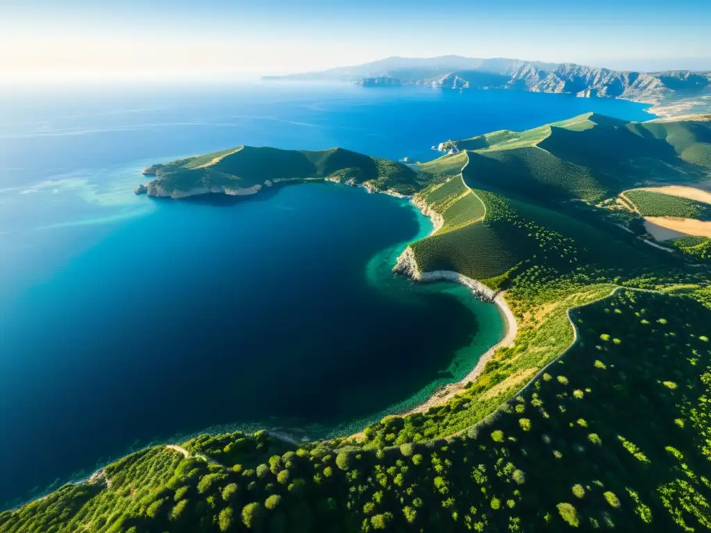 Vista aérea impresionante de la topografía y suelos en ecosistemas mediterráneos, con colinas verdes, cielo azul y mar Mediterráneo