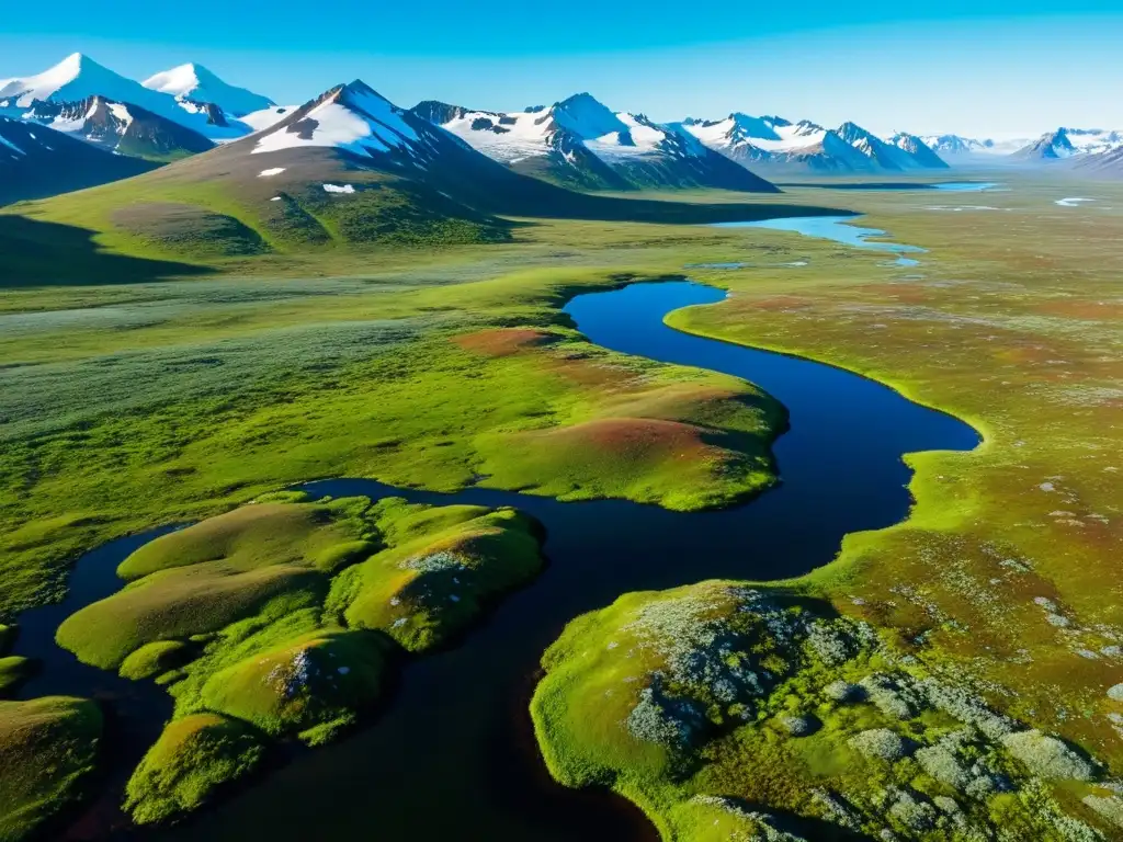 Vista aérea impresionante de la tundra con plantas comestibles, colores vibrantes y montañas nevadas al fondo