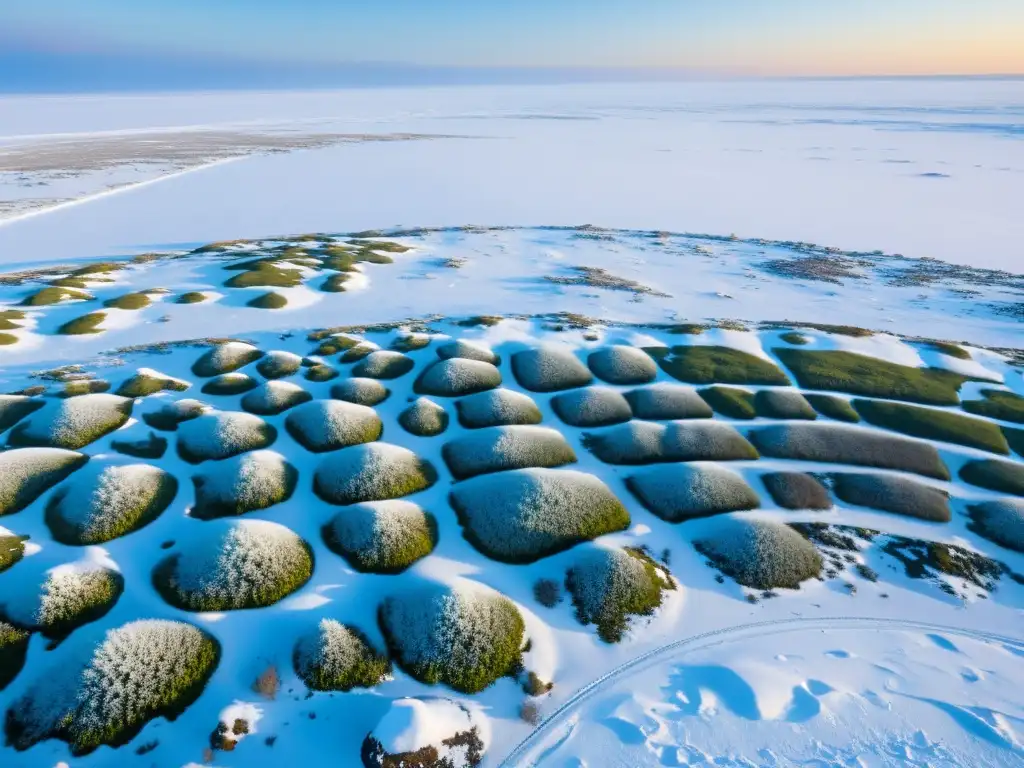 Vista aérea impresionante de la tundra nevada con plantas comestibles