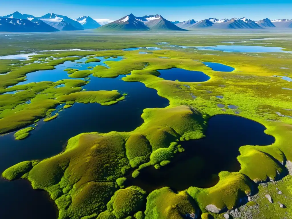 Vista aérea impresionante de la tundra, con montañas nevadas al fondo